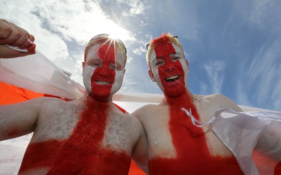 England supporters Lewis Whitham and Adam Stockdale.