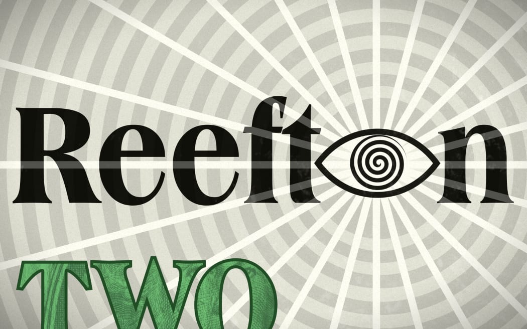 A swirling eye projects rays from the "o" in the word "Reefton". Text reads "Two"