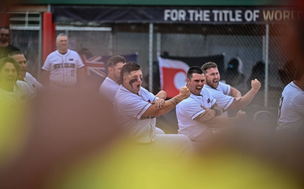 The Black Sox in action during the 2025 WBSC Mens Softball World Cup in Prince Albert, Canada.