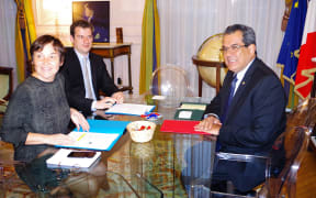 French overseas minister Annick Girardin and visiting French Polynesian president Edouard Fritch