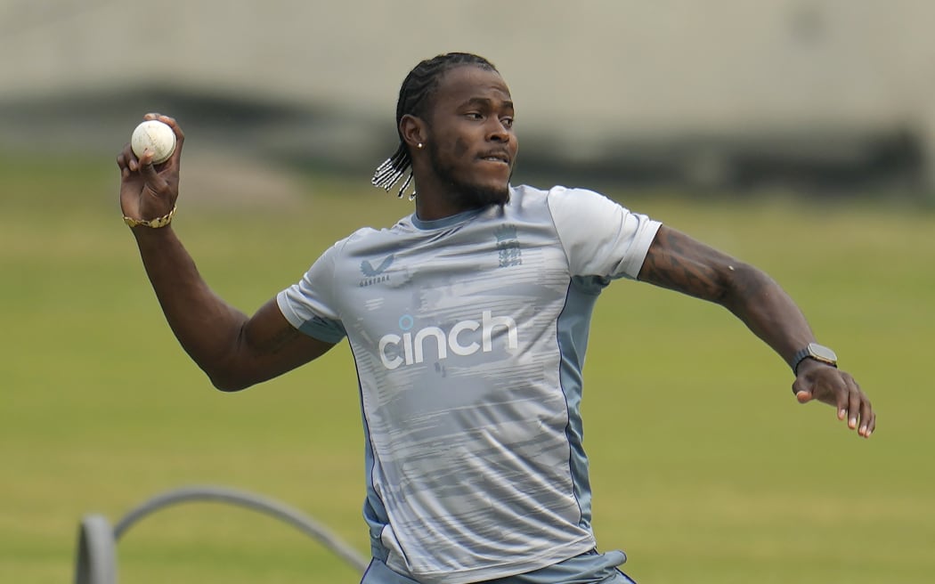 FILE - England's Jofra Archer participates in a training session ahead of their second T20 cricket match against Bangladesh in Dhaka, Bangladesh, on March 11, 2023. The return of fast bowler Jofra Archer has boosted England's chances of becoming the first team to win consecutive Twenty20 World Cups. (AP Photo/Aijaz Rahi, File)
