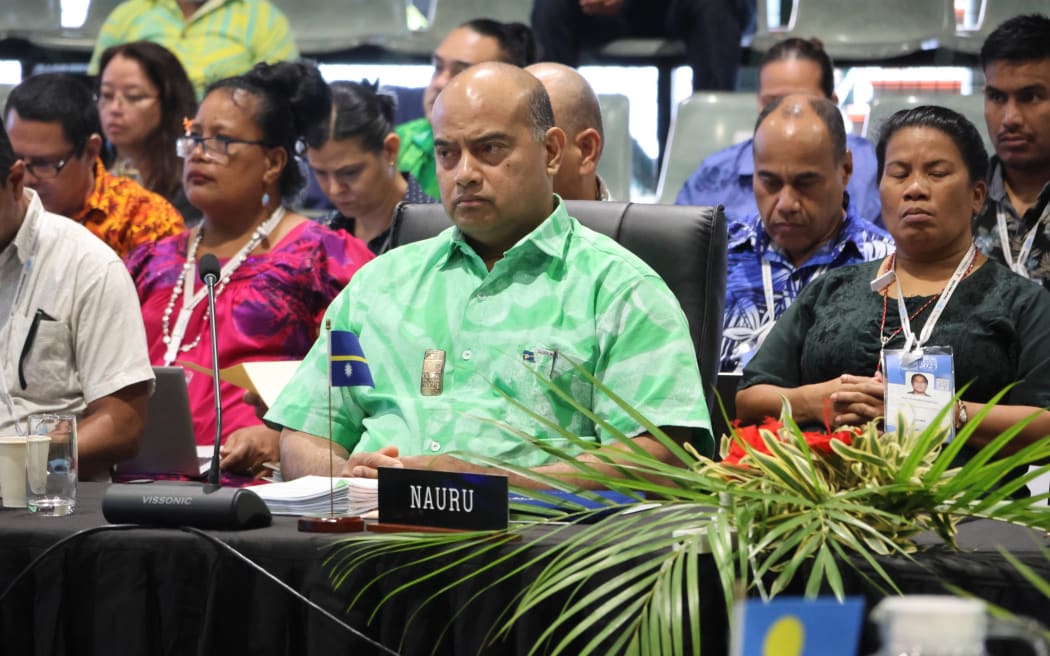Nauru President David Adeang, left, at the 52nd Pacific Islands Forum Leaders Meeting in Rarotonga.