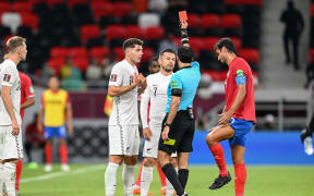 Kosta Barbarouses gets a red car during New Zealand All Whites v Costa Rica World Cup Intercontinental Playoff Match in Qatar 2022.