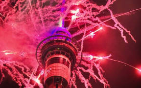 Fireworks at the Sky Tower in Auckland at midnight.