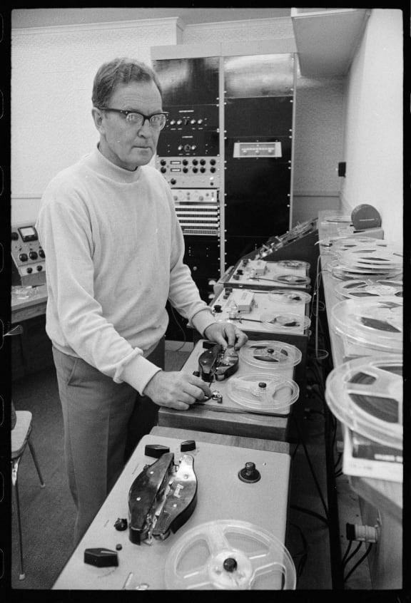 Composer Douglas Lilburn in the electronic music studio at Victoria University, Wellington, circa 30 August 1969.
