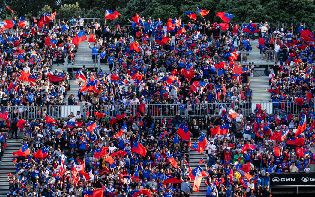 Toa Samoa supporters during the Paciﬁc Championships rugby league test between New Zealand Kiwis v Toa Samoa at Go Media Stadium, Auckland, New Zealand.