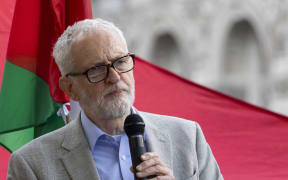 Jeremy Corbyn speaks at a Pro Palestinian rally. The former Labour Party leader and now Independent MP speaks during a Palestine Solidarity Campaign, the demonstration with flags and banners is demanding ceasefire taking place outside of Whitehall, Downing Street. London United Kingdom on September 11, 2024.  (Photo by Nicolas Economou/NurPhoto) (Photo by Nicolas Economou / NurPhoto via AFP)