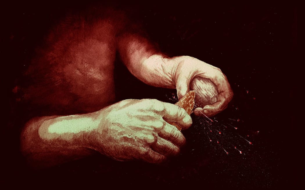 An artist's impression of sparks made by striking the pyrite against flint. By Craig Williams © The Trustees of the British Museum