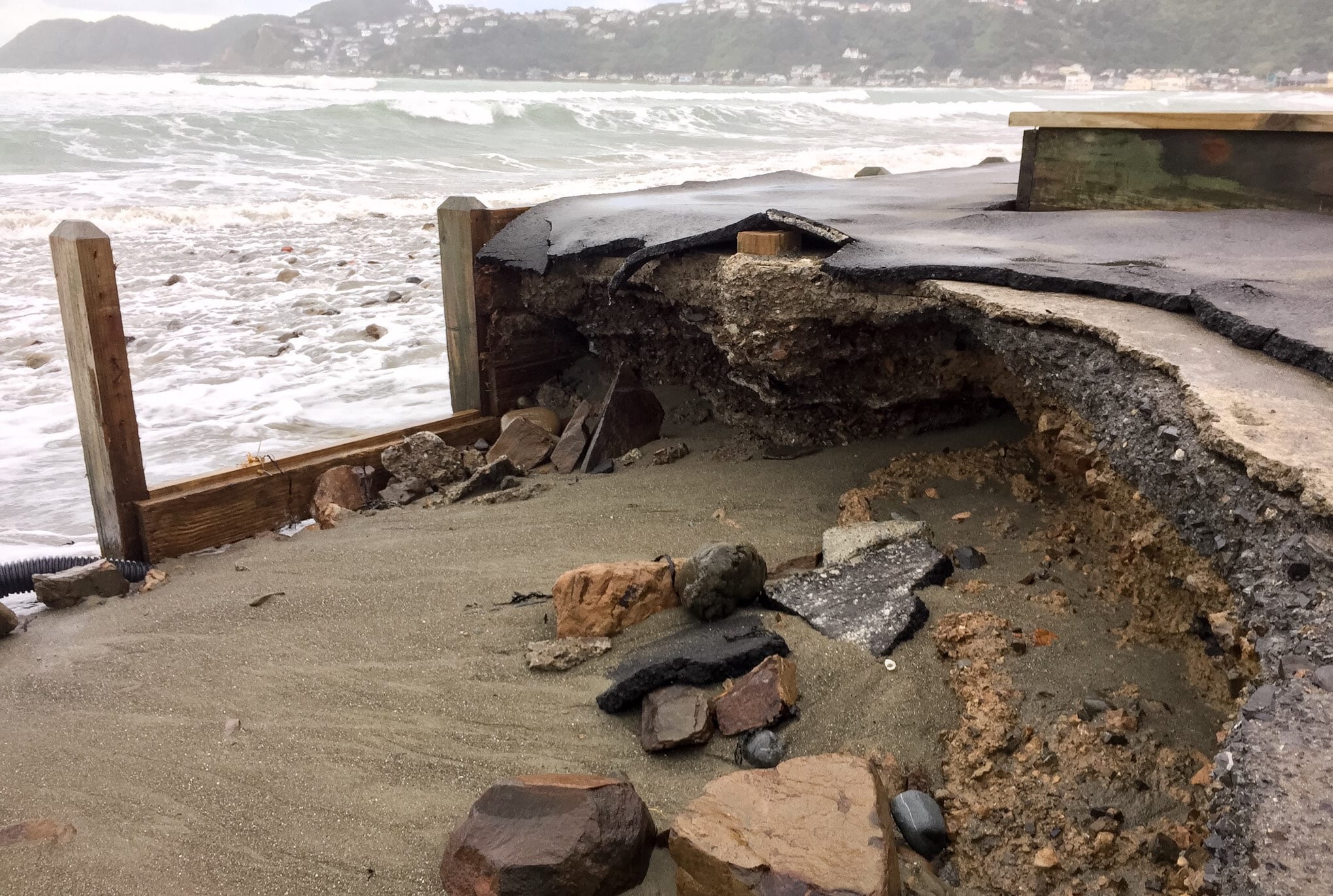 Erosion at a carpark at the eastern end of Wellington's Lyall Bay on 15 June 2015.
