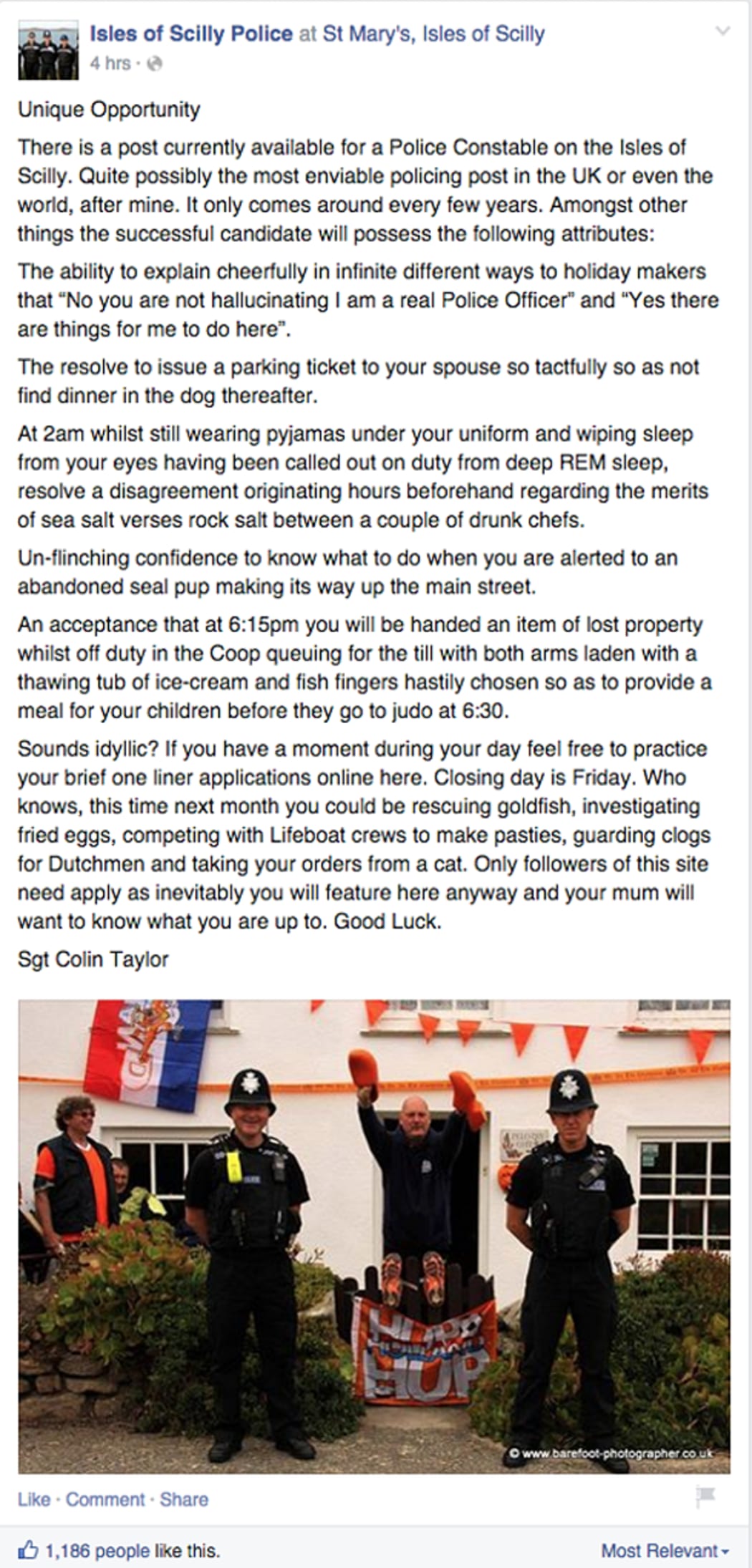 Isles of Scilly Facebook job ad