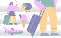 Stylised illustration of travellers and kiwiana