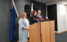 Megan Woods, Jacinda Ardern and Stuart Nash at an announcement of a new bill that will create a registry of guns.