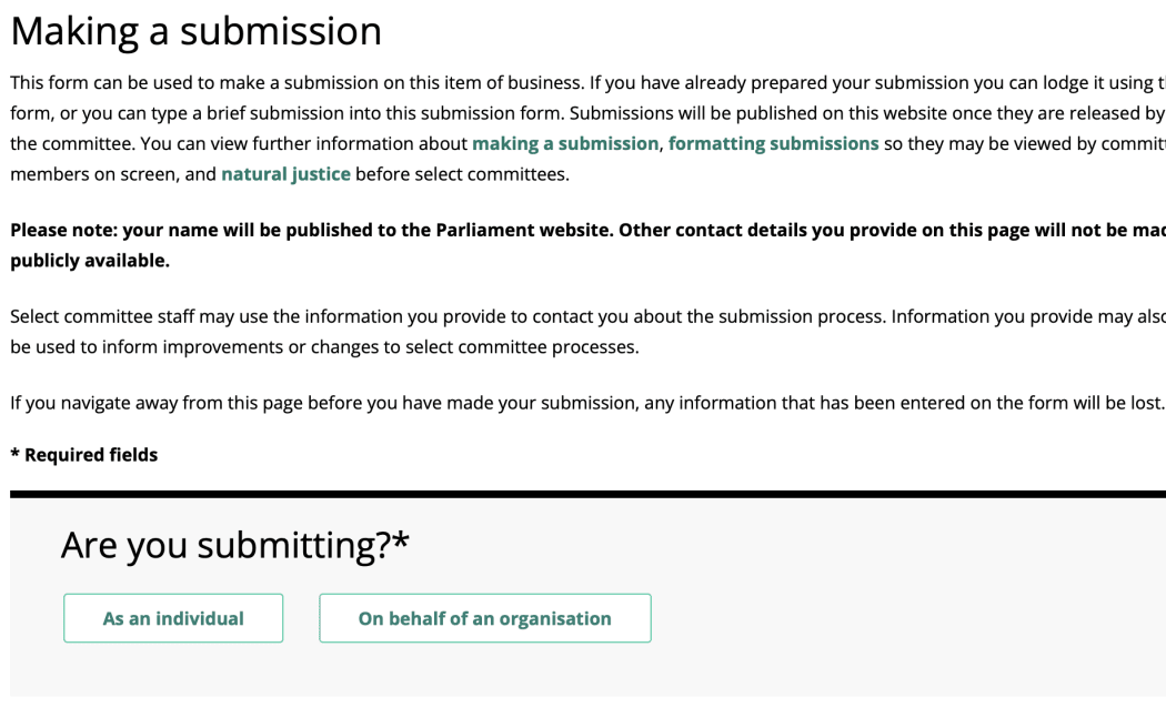 Make a submission page of Parliament