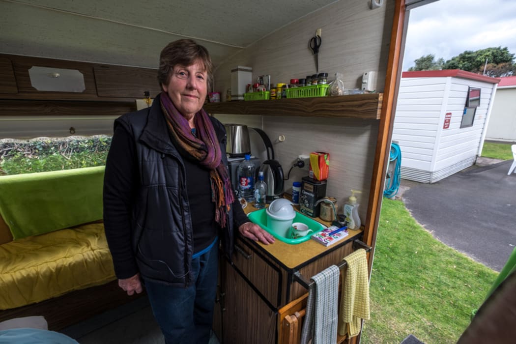 Retiree Lynette Haines inside her 3.3m caravan in BOP