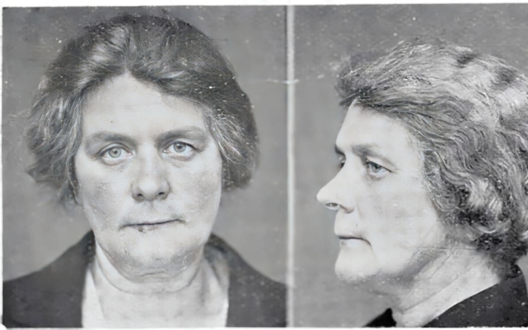 Black and white archival images of a woman (Elspeth Kerr). One image on the left of the woman looking at the camera, with a second image on the right of the woman side on.