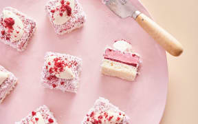 Maxine Schekter's lamington-inspired gateaux: coconut cake, raspberry compote, mousse, and coconut ganache