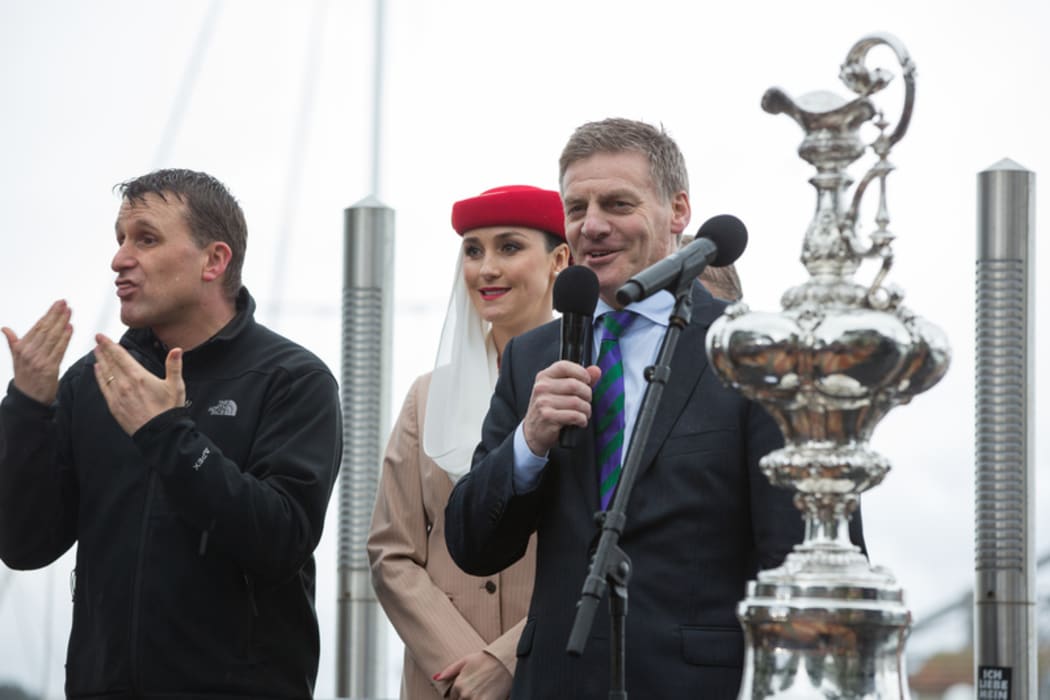Bill English speaking at the parade held in Auckland to welcome Team NZ home, 6 July 2017.