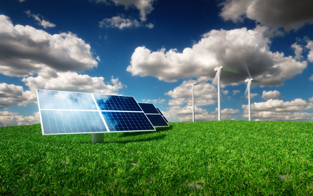 Renewable energy concept - photovoltaics and wind turbines on a grass field. 3d illustration.