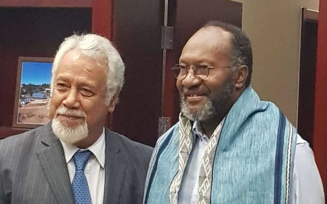 Timor Leste's chief maritime negotiator Xanana Gusmao with Vanuatu's prime minister Charlot Salwai