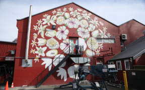 Artist Paul X Walsh has painted 51 flowers on the side of Pomeroys Inn in Christchurch as a mural for the victims of the March 15th Mosque Attack.
