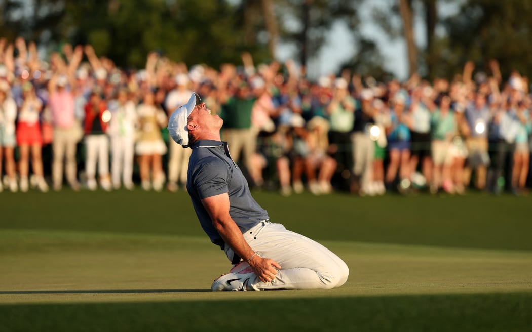 Rory McIlroy lets the emotion flow after winning the Masters golf tournament at Augusta, Georgia.  14 April, 2025.