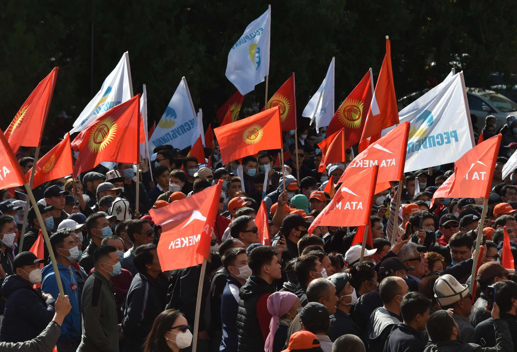 People protest against the results of a parliamentary vote in Bishkek, Kyrgyzstan