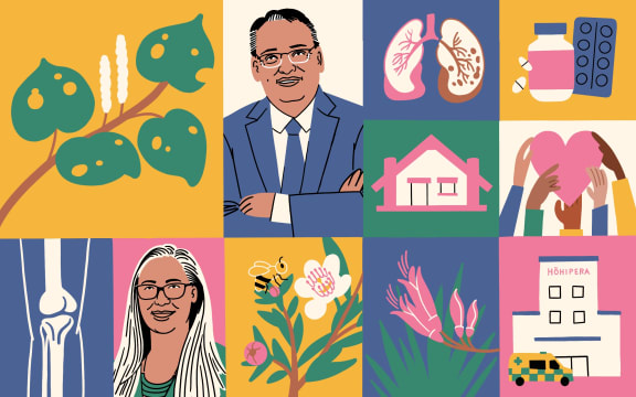 Stylised illustrations of Shane Reti and Hūhana Lyndon along with medicinal herbs, x-ray, medicines, marae, hospital and hands on a heart.