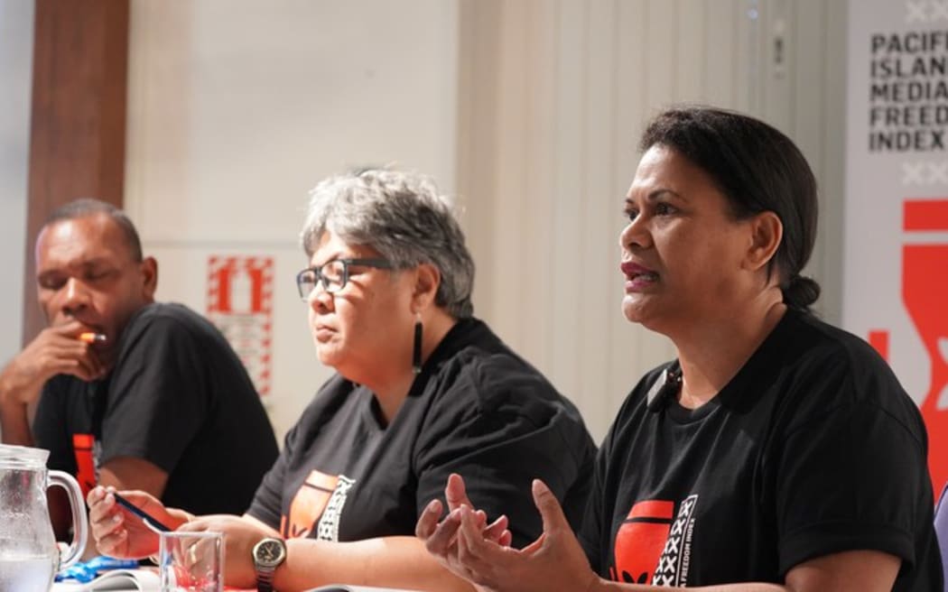 Palau Media Council board member Leilani Reklai (right) at the 2023 Pacific Media Freedom Index launch in Palau, pictured on 23 September 2024.