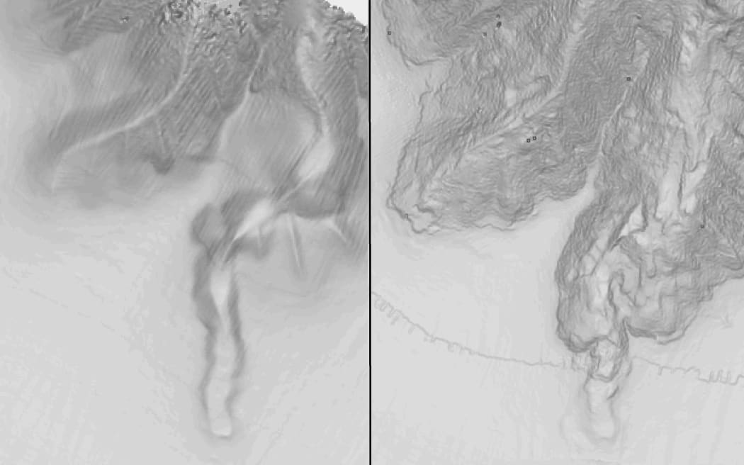 The Kaikōura canyon before (left) and after the earthquake, showing the mud flow.