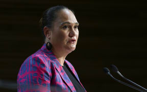 WELLINGTON, NEW ZEALAND - APRIL 28: Carmel Sepuloni speaks to media during a press conference at Parliament on April 28, 2020 in Wellington, New Zealand.