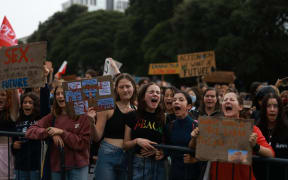 Students part of a 3000 to 4000-strong crowd in Wellington march towards Parliament.