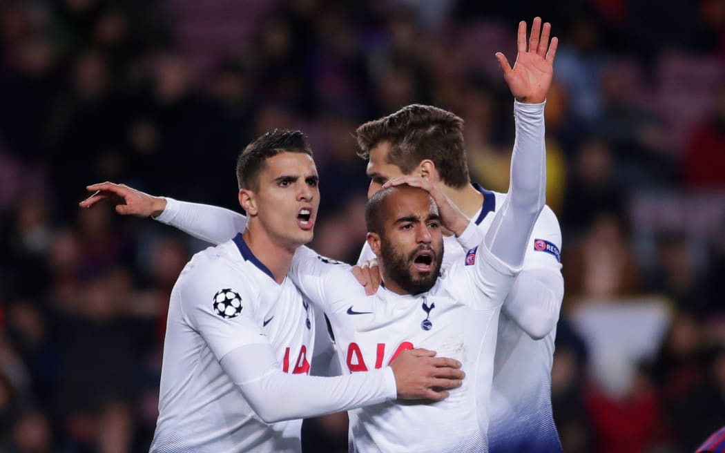 Lucas Moura of Tottenham celebrates scoring.