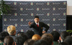 Charlie Kasha delivers his speech at Ngā Manu Kōrero Tāmaki ki te Waitematā, representing Te Kura Kaupapa Māori o Hoani Waititi Marae in the Pei Te Hurinui Jones (Senior Māori) section.