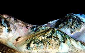 Dark, narrow 100m long streaks, called recurring slope lineae, flowing downhill on Mars, inferred to have been formed by contemporary flowing water.
