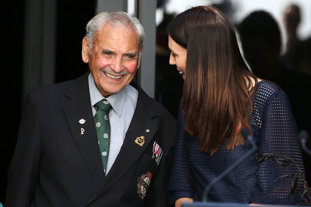 WAITANGI, NEW ZEALAND - FEBRUARY 05: Robert Bom Gillies, one of only two surviving members of the Maori Battalion (L) with NZ Prime Minister Jacinda Ardern (R) at the opening of Te Rau Aroha   on February 05, 2020 in Waitangi, New Zealand.