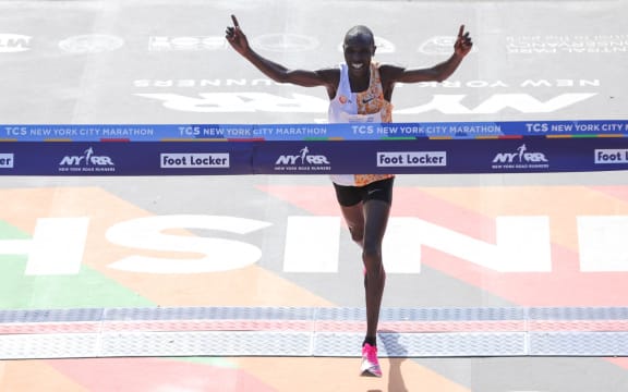 Geoffrey Kamworor crosses the finish line to win the Men's Division of the 2019 TCS New York City Marathon on November 03, 2019 in New York City.
