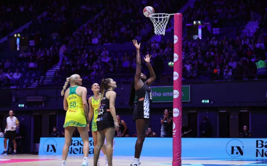 Grace Nweke in action for the Silver Ferns in their Netball Nations Cup opener in London.