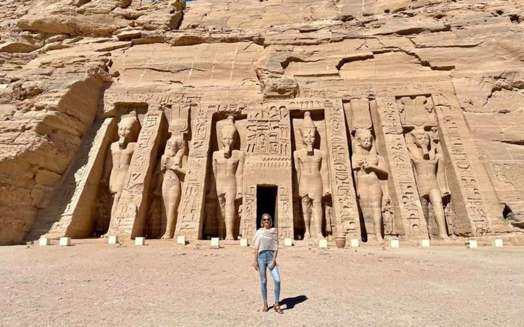 Monica Page outside Abu Simbel in Egypt.