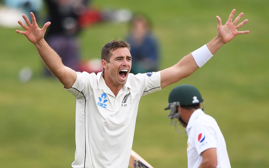 Tim Southee celebrates a Pakistani wicket.