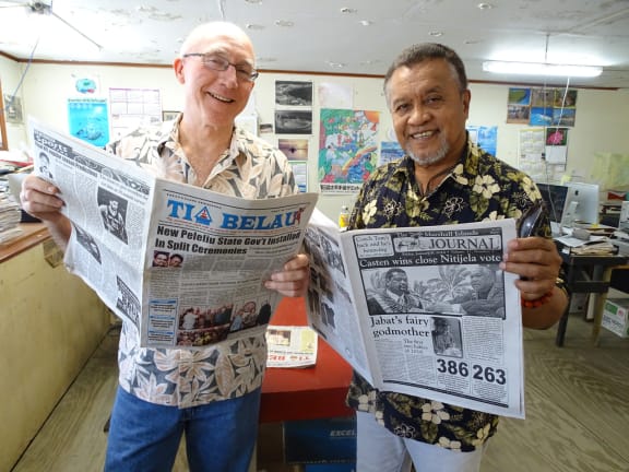 Giff Johnson and Tia Belau Publisher Moses Uludong of Palau in the Marshall Islands Journal's newsroom in Majuro, Marshall Islands