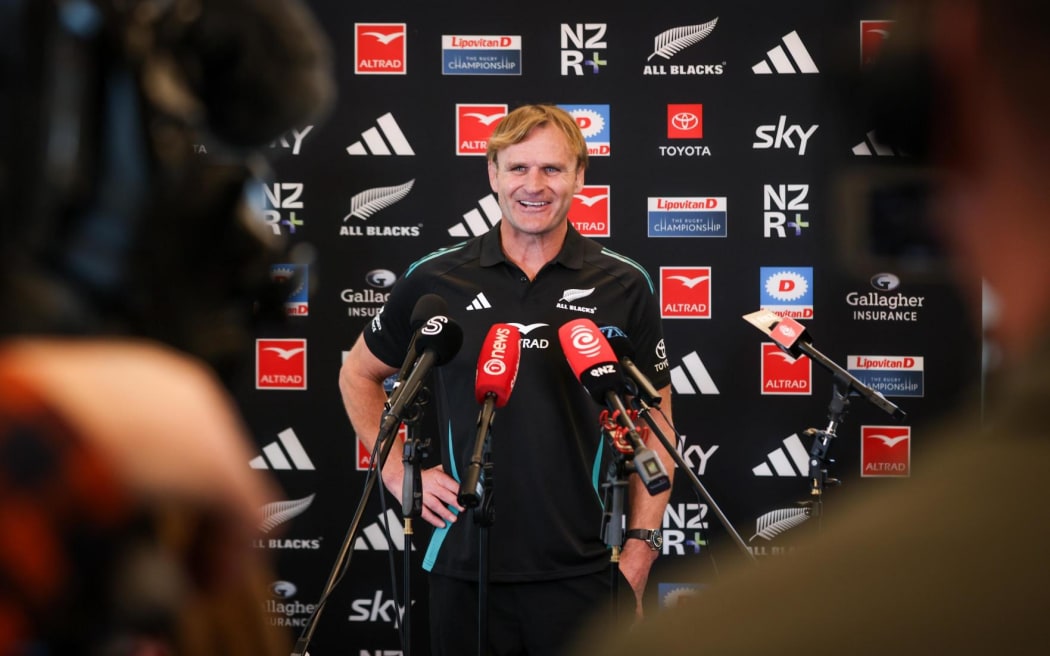 Scott Robertson speaks to media on Monday about his All Blacks squad for the Rugby Championship.