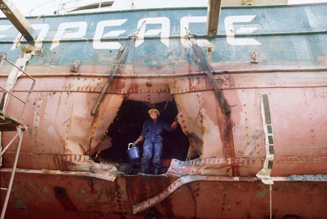 The bombed hull of the Rainbow Warrior.