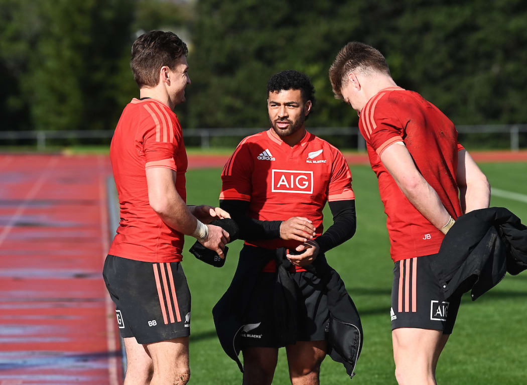 Beauden Barrett, Richie Mo'unga and Jordie Barrett during an All Blacks training session in Auckland on 29 June, ahead of the test match against Tonga.