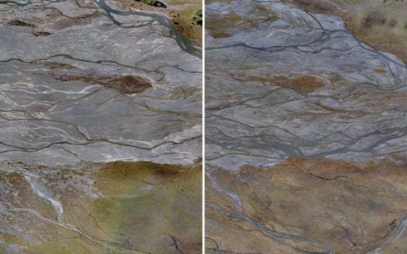 A collage of two aerial shots of the same section of a braided river, taken four months apart. The channels of the river shift from one photo to the next.