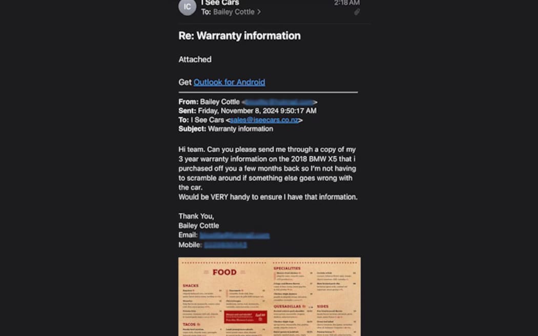 Schwartz emailed a picture of a restaurant menu when asked for proof of a vehicle's breakdown insurance.