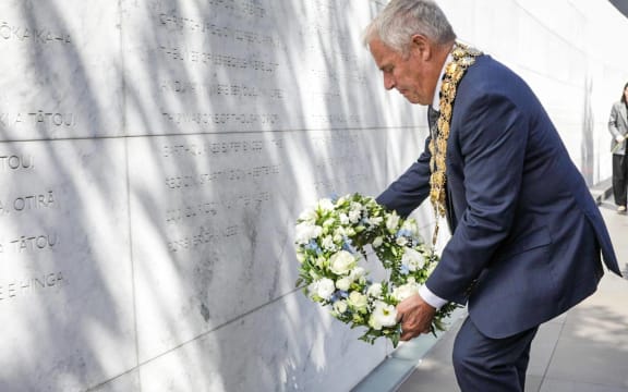 Christchurch Mayor Phil Mauger lays a wreath at a memorial ceremony to mark the 13th anniversary of Christchurch's deadly 2011 earthquake.