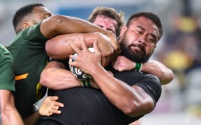 Nepo Laulala (right) of the All Blacks in action during the Rugby Championship Round 5 match between New Zealand All Blacks and South Africa Springboks at Queensland Country Bank Stadium in Townsville, Saturday, September 25, 2021. (AAP Image/Darren England/ www.photosport.nz