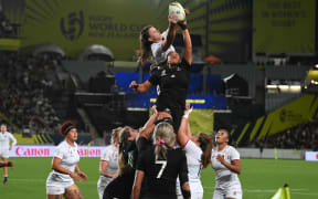 Joanah Ngan-Woo of New Zealand steals the ball from England during a lineout in the final seconds of the 2022 Rugby World Cup final.