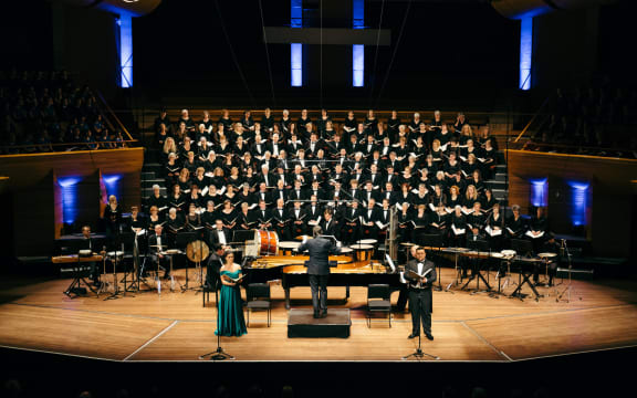 Wellington's Orpheus Choir and soloists at the Michael Fowler Centre. The conductor is Brent Stewart.