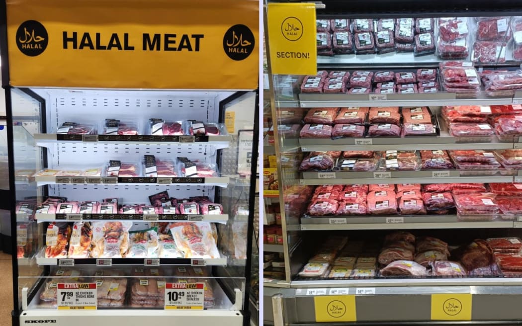 Pak'nSave halal meat section signs at Sylvia Park and Henderson.